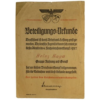 Certificate of HJ member, participant in professional achievement competition. Espenlaub militaria